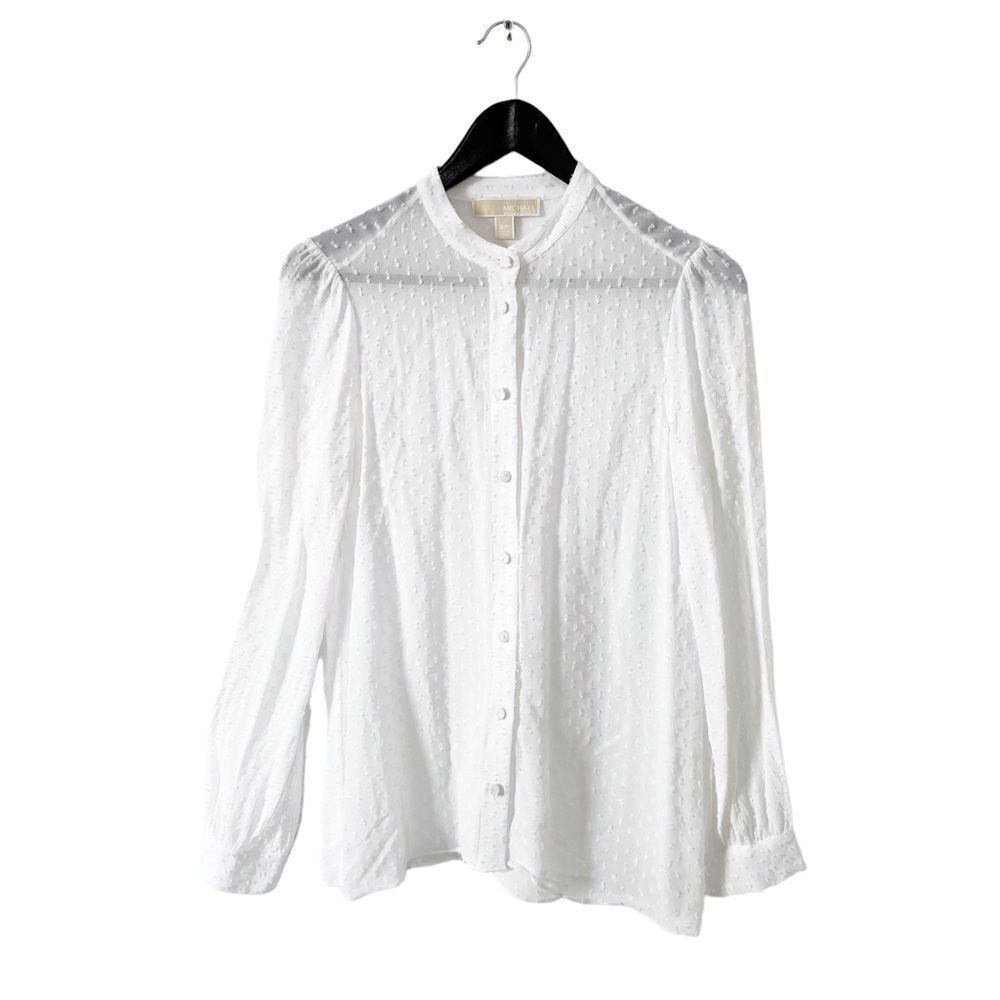 MICHAEL Michael Kors White Puff Sleeve Blouse with Mandarin Collar